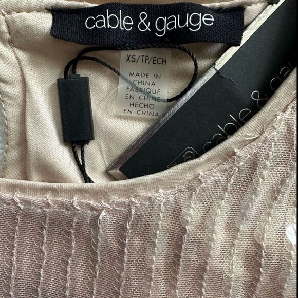 Cable & Gauge Sequin Embellished Tan Top Sequin Embellished Blouse Buffsequin - Picture 3 of 5